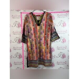 Dress Colorful Vibrant Printed or Mid Sleeve Tunic with V-Neck Trim Aztec